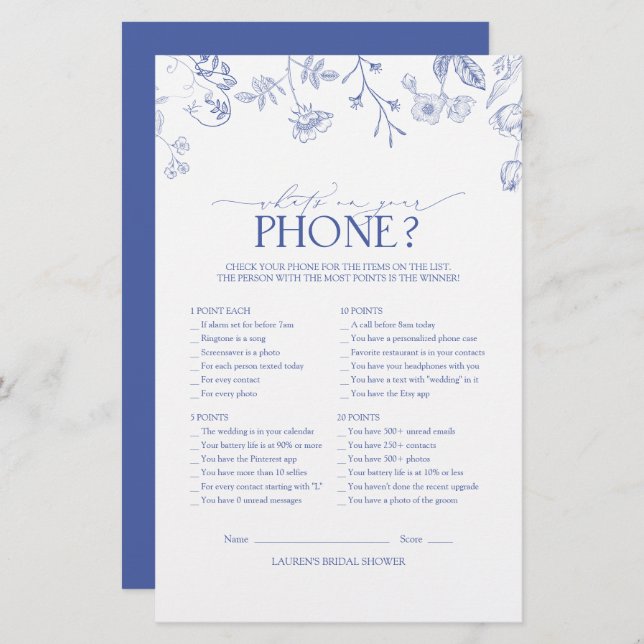 Victorian French Blue & White Bridal Shower Game (Front/Back)