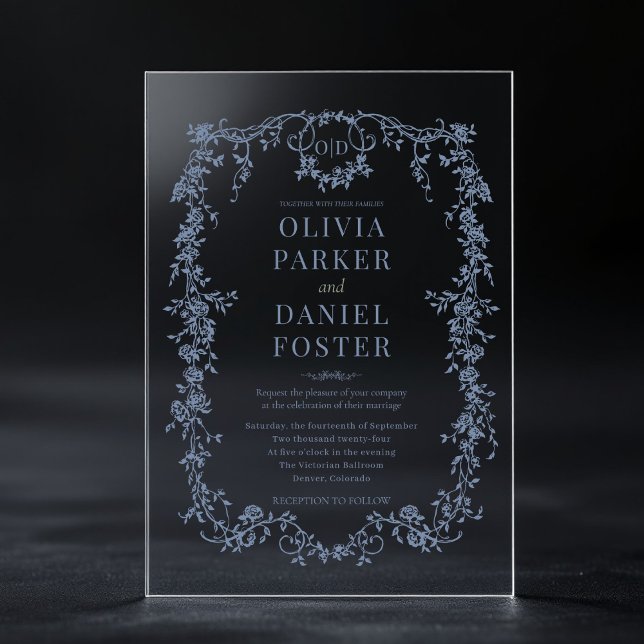 Victorian French Dusty Blue Wedding Monogram Acrylic Invitations (Creator Uploaded)