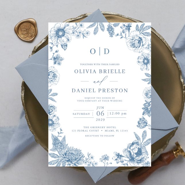 Victorian French Dusty Blue Wedding Monogram Invitation (Creator Uploaded)
