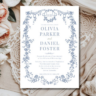 Victorian French Dusty Blue Wedding Monogram Invitation