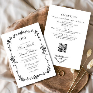 Victorian French QR Code Black Wedding Monogram Invitation