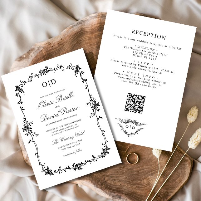 Victorian French QR Code Black Wedding Monogram Invitation (Creator Uploaded)