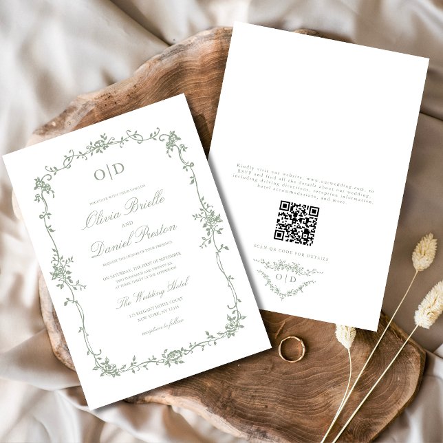 Victorian French QR Code Sage Green Wedding Invitation (Creator Uploaded)