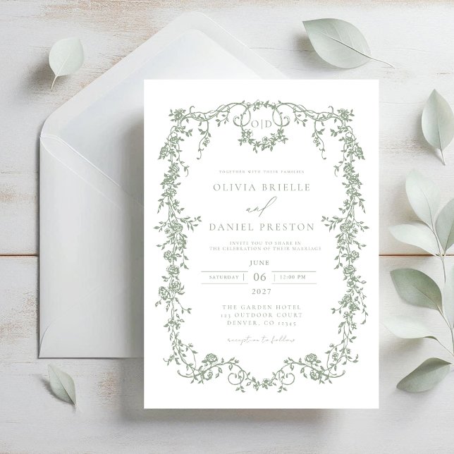Victorian French Sage Green Wedding Monogram Invitation (Creator Uploaded)