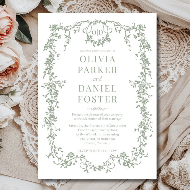 Victorian French Sage Green Wedding Monogram Invitation (Creator Uploaded)