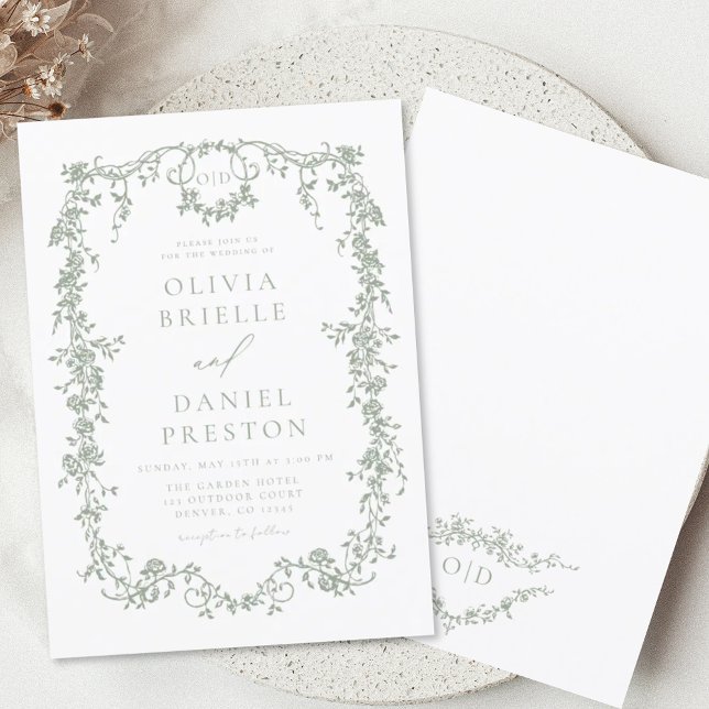 Victorian French Sage Green Wedding Monogram Invitation (Creator Uploaded)