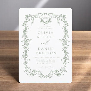 Victorian French Sage Green Wedding Monogram Invitation