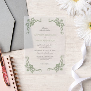 Victorian French Sage Green Wedding Vellum Invitations