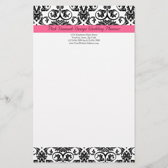 Victorian Fuchsia Pink and White Damask Stationery (Front)