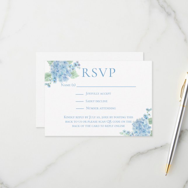 Victorian Garden Blue Hydrangea Wedding Website RSVP Card (Front/Back In Situ)