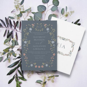 Victorian Garden Dusty Blue Monogram Invitation V4