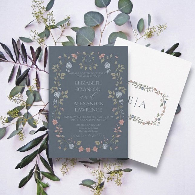 Victorian Garden Dusty Blue Monogram Invitation V4 (Creator Uploaded)