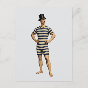 Victorian Gentleman Swimmer Striped Bathing Suit Postcard