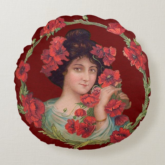 Victorian Gibson Girl Poppies Flowers Art Nouveau Round Cushion (Front)