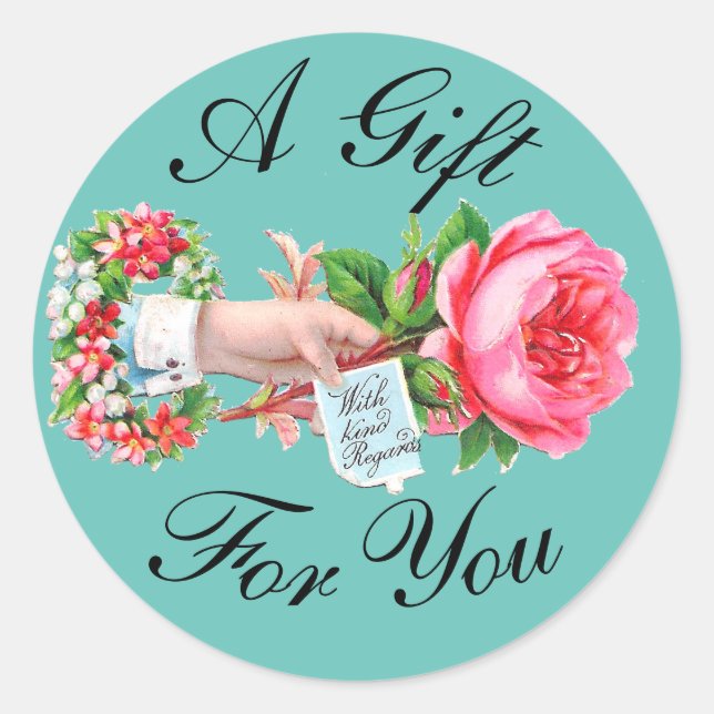 Victorian Gift Sticker Pink Rose & Vintage Hand (Front)