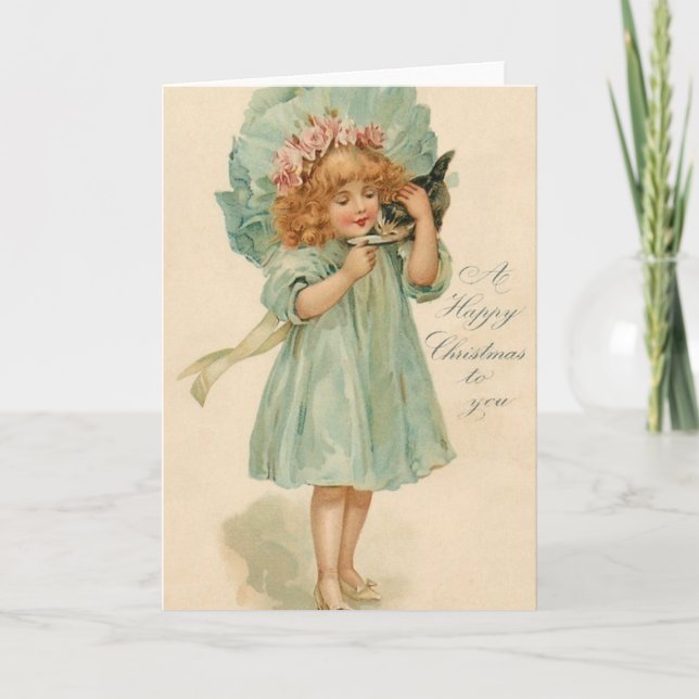 Victorian Girl And Kitten Christmas Greeting Card (Front)