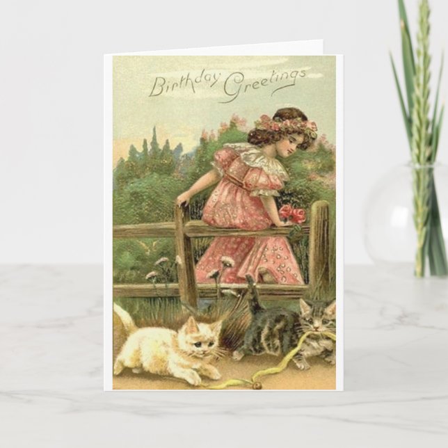 Victorian Girl And Kittens Birthday Card (Front)