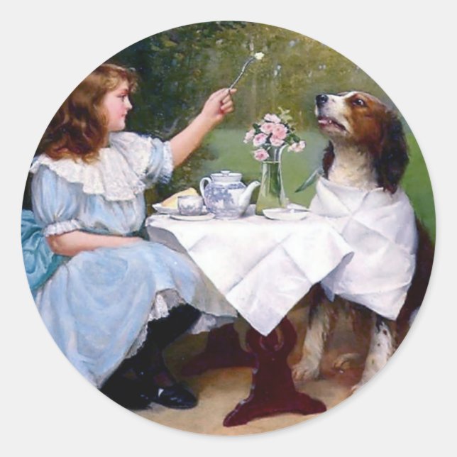 Victorian Girl and Pet Dog Table Manners painting Classic Round Sticker (Front)