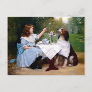 Victorian Girl and Pet Dog Table Manners painting Postcard