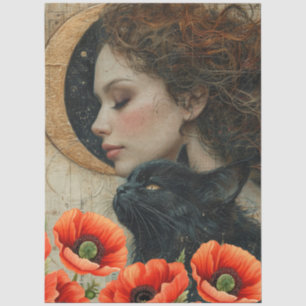 Victorian Girl Black Cat Red Poppies Abstract Art  Tissue Paper