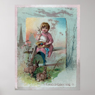 Victorian Girl on Fence With Easter Rabbits Poster