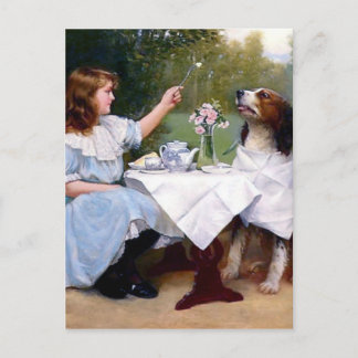 Victorian Girl Pet Dog Table Manners Painting Postcard