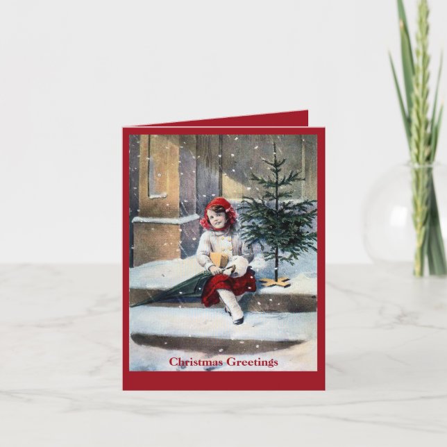 Victorian girl, tree, house Christmas card (Front)