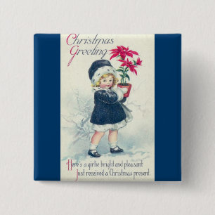 Victorian Girl Vintage Blue Christmas Button