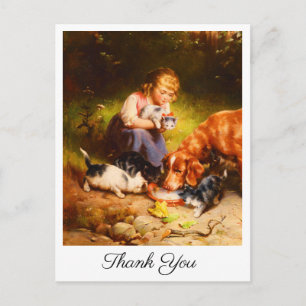 Victorian Girl with Kittens and Dog Art Thank You Postcard