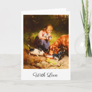 Victorian Girl with Kittens and Dog Art With Love Card