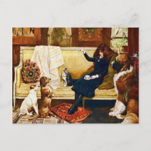 Victorian Girl with Pets Vintage Art Postcard