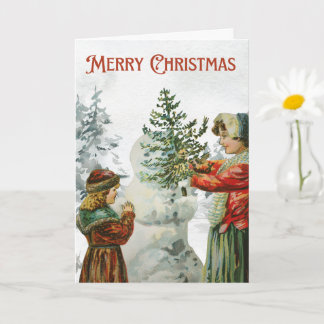 Victorian Girls Building a Snowman Card