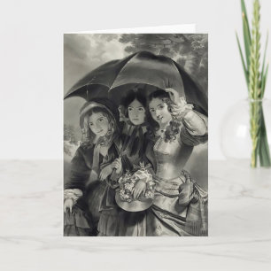 Victorian girls umbrella rainy day spring card