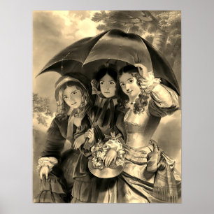 Victorian girls umbrella rainy day victorian lady poster