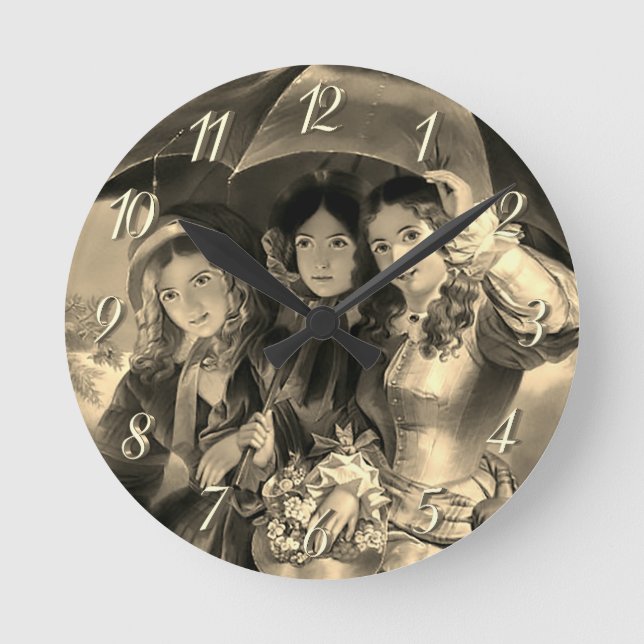 Victorian girls umbrella rainy day victorian lady round clock (Front)