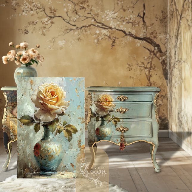 Victorian Glam Golden Rose Teal Vase Oil Impasto Tissue Paper (Rose panel propped beside decoupaged teal chest with gold frames on wall tree mural backdrop)
