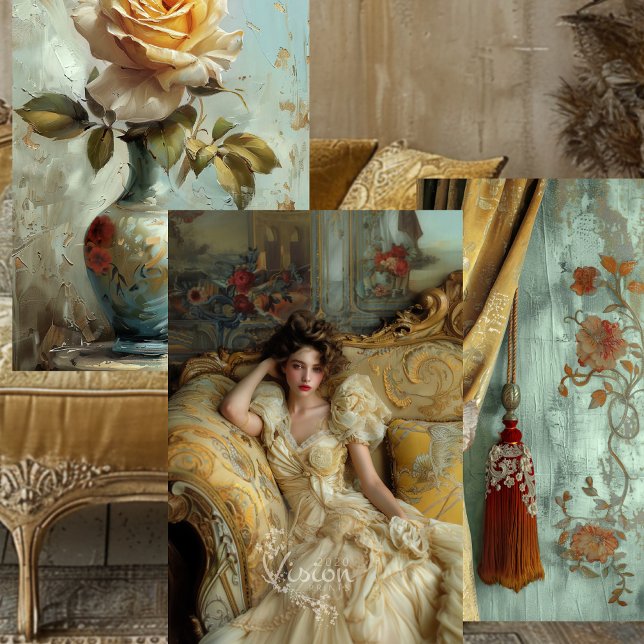 Victorian Glam Rose Drape Portrait Gold Teal Set Wrapping Paper Sheet (Victorian Glam collection mood board roses lady drape tassel gold furniture detail collage
)