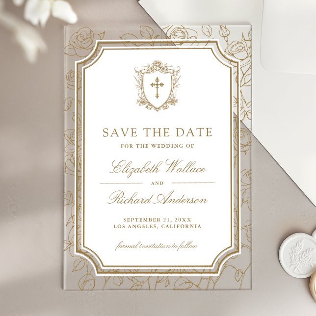 Victorian Gold Catholic Wedding Save the Date Acrylic Invitations (Creator Uploaded)