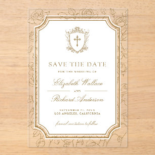 Victorian Gold Catholic Wedding Save the Date Acrylic Invitations