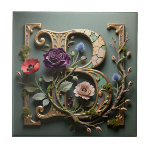 Victorian Gold Teal Letter B Monogram Tile