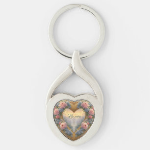 Victorian, golden heart with flowers and saying key ring