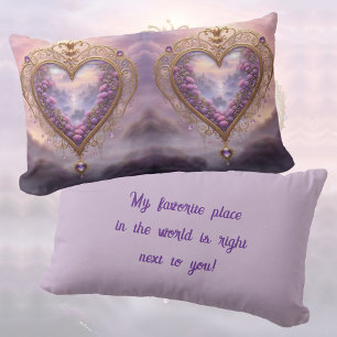 Victorian golden heart with lilac flowers, vintage lumbar cushion