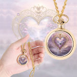 Victorian golden heart with lilac flowers, vintage watch<br><div class="desc">This beautiful Necklace watch features a Victorian golden heart decorated with flowers on a romantic background in soft lilac colours. Wonderful Valentine's gift  for any woman! Custom  text.</div>