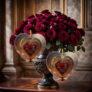 Victorian golden heart with red roses, vintage ceramic tree decoration