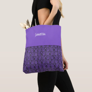 Victorian Goth Purple Black Brocade Damask Name Tote Bag