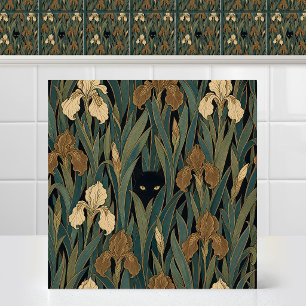 Victorian Gothic Black Cat Iris Foliage Tapestry Tile