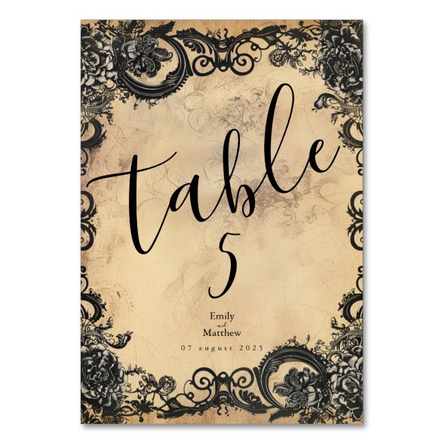 Victorian Gothic Elegance Wedding Table Number (Front)