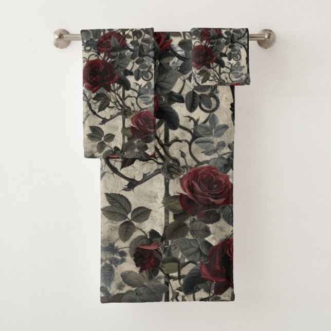 Victorian Gothic Garden Roses Pattern Bath Towel Set (Insitu)