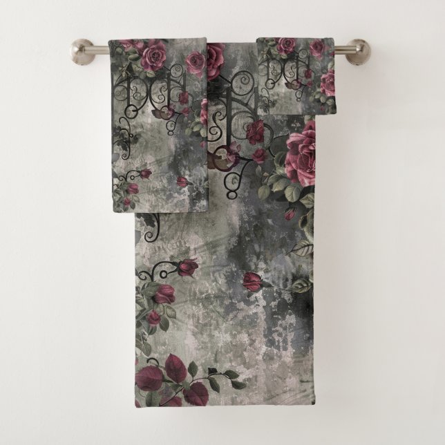 Victorian Gothic Garden Roses Pattern Bath Towel Set (Insitu)