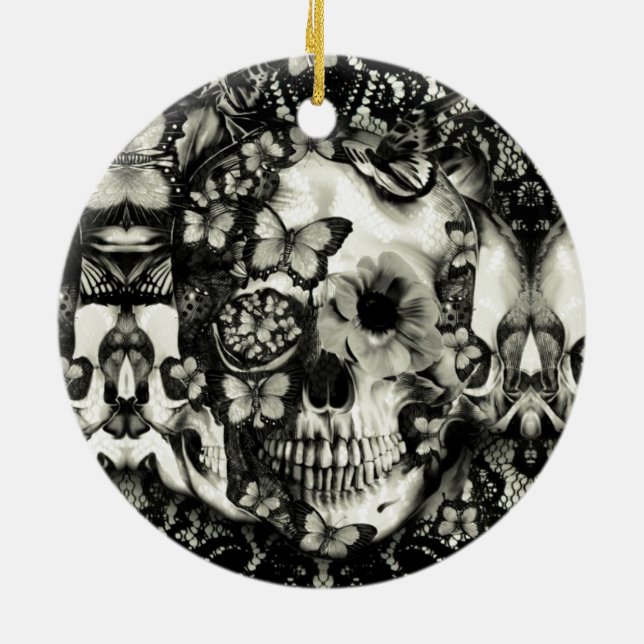 Victorian gothic lace skull pattern ceramic tree decoration (Back)